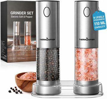 Upgraded Larger Capacity Electric Salt and Pepper Grinder Set, 110ml Rechargeable Salt and Pepper Shaker with LED - Set of 2