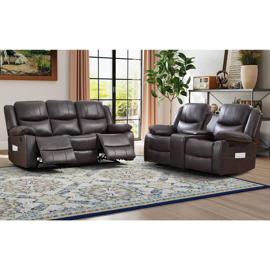 2 Pieces Manual Recliner Sofa Set, Faux Leather Reclining Couch Set, Included Loveseat Recliner Couch and 3 Seat