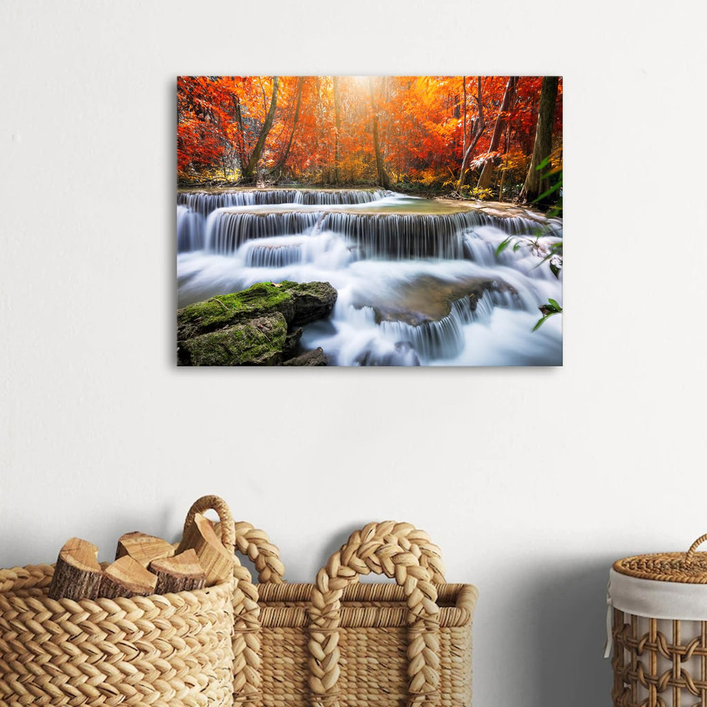 Fall Waterfall Canvas Wall Art Autumn National Park Scenery Picture Mountain Maple Trees Prints Bedroom Wall Decor
