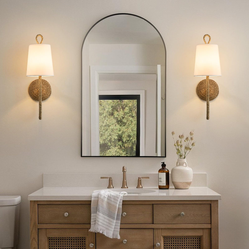 Boho Coastal Rattan Wall Sconce: Set of 2 Wicker Hardwired Bathroom Lights