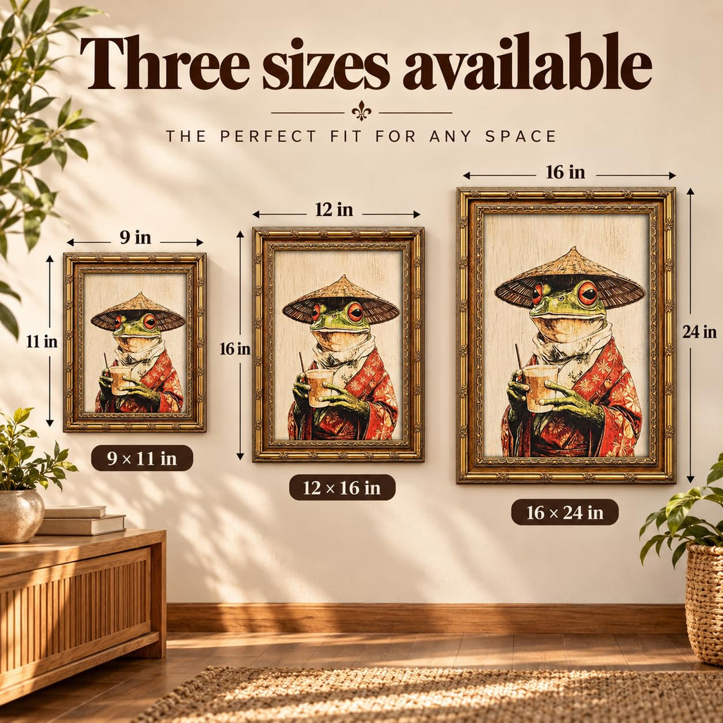Vintage Gold Framed Funny Japanese‐Style Ukiyo‐e Frog Canvas Wall Art