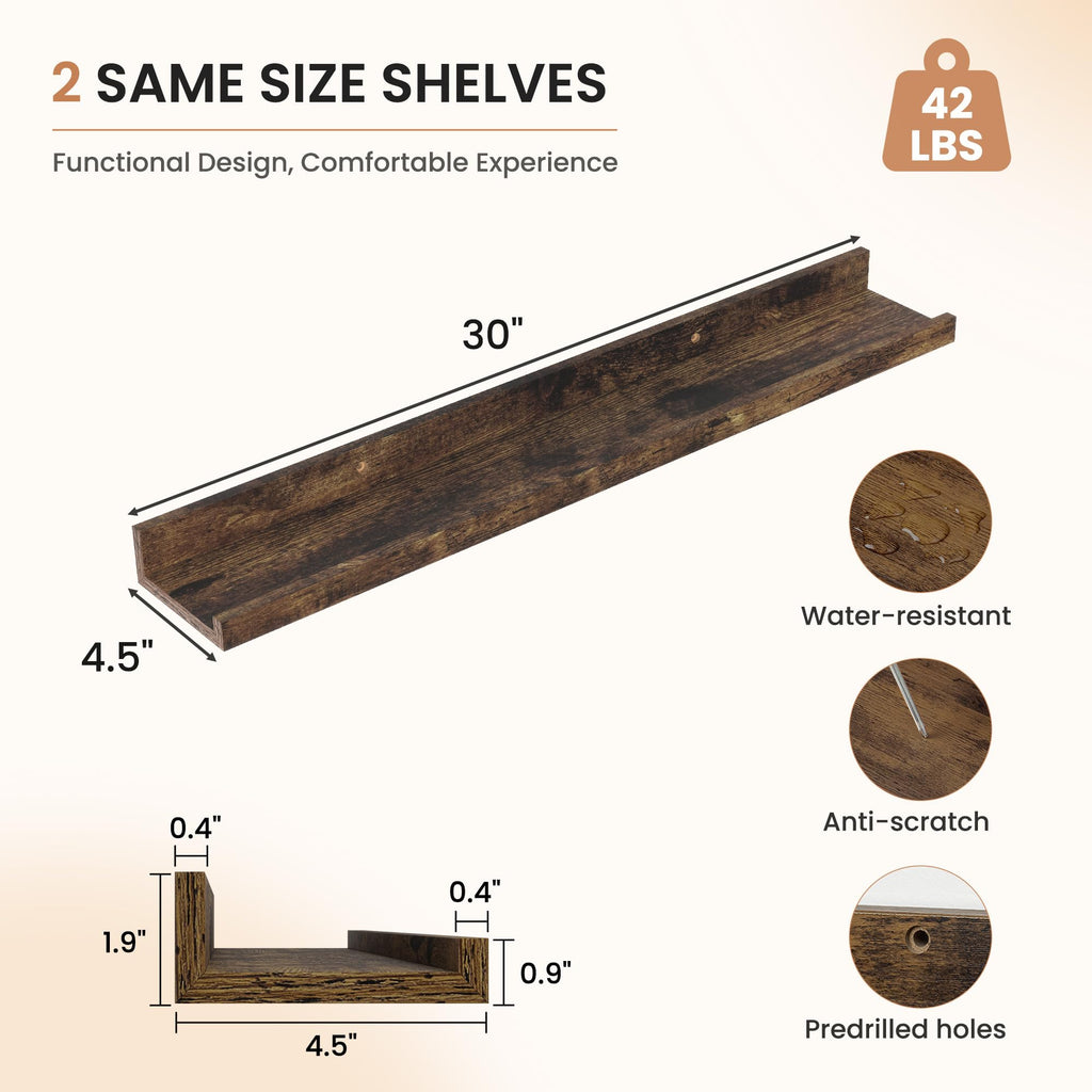 Picture Ledge Shelf for Wall, Floating Shelves Set of 2, 30 inch Long Floating Shelves with Lip, Rustic Brown