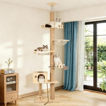 Floor to Ceiling Cat Tree, Tall Wood Pet Tower with Scratching Post