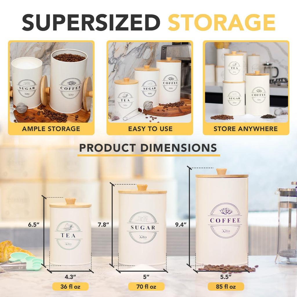 Airtight Tea, Coffee and Sugar Container Set - Stackable Kitchen Canisters