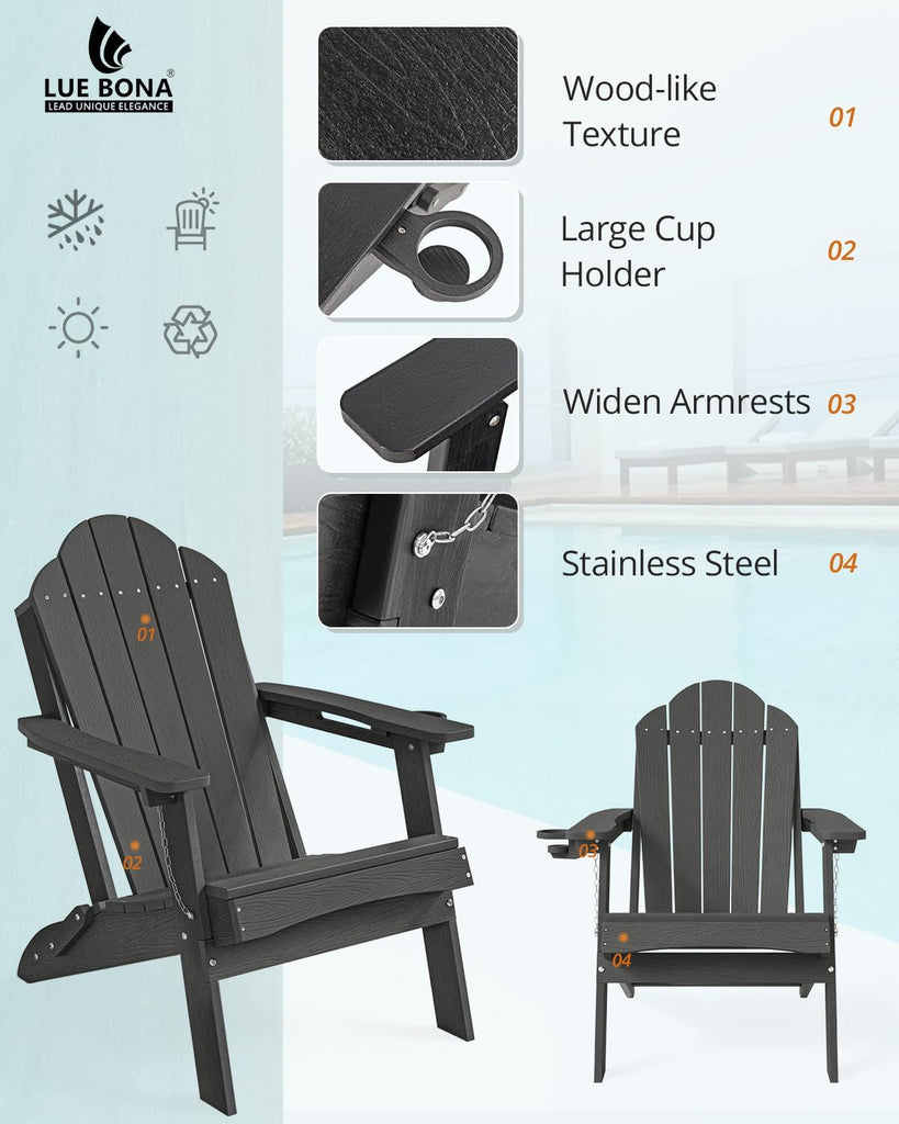 HDPE Folding Adirondack Chair, Cup Holder, Set of 4, Black | HDPE poly lumber, folable, all-weather resistant, Low