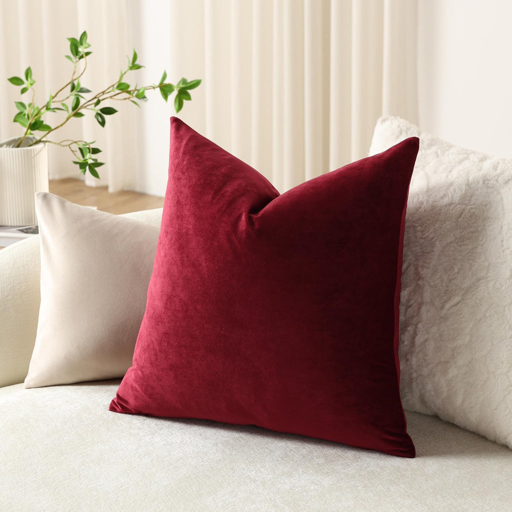 Euro Sham Covers 24x24 Wine Red: Pack of 2 Cozy Soft Velvet Square Modern Luxury Decorative Throw Pillow Cases for
