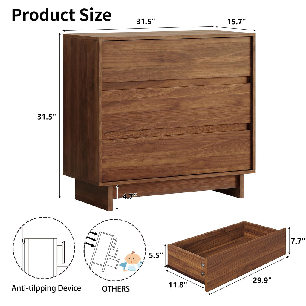 Walnut Dresser, 31in Modern 3 Drawer Chest of Drawers