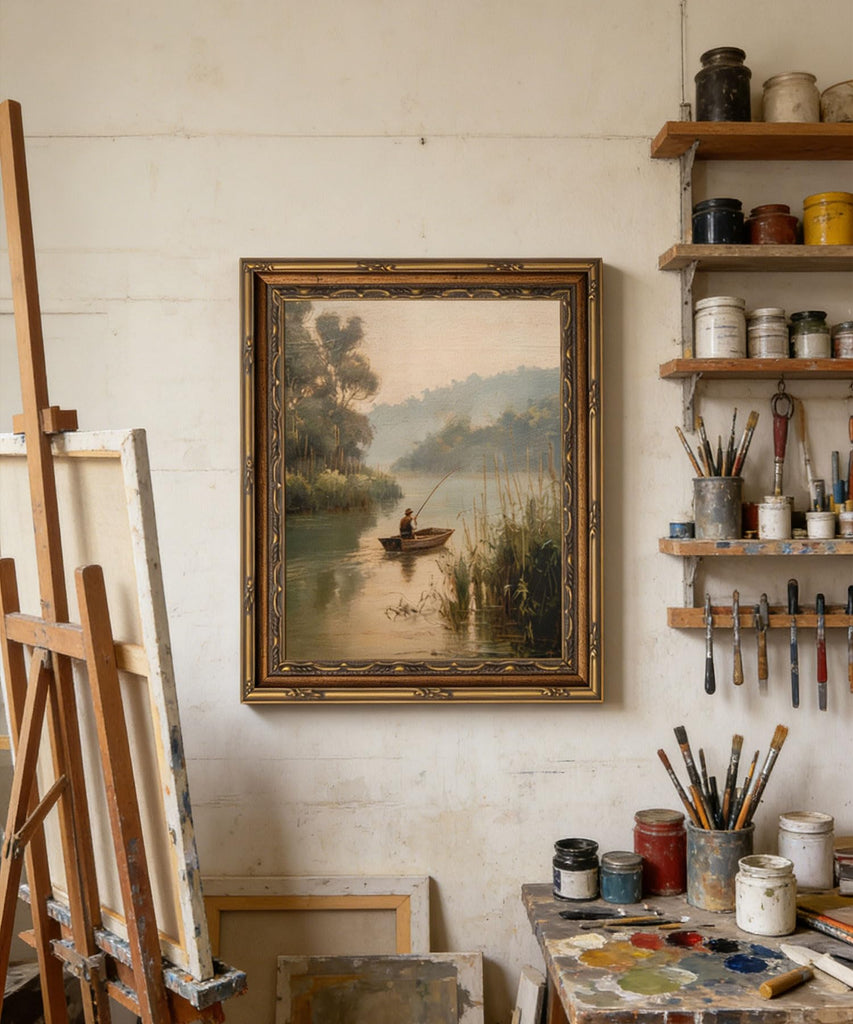 Vintage Gold Framed Wall Art Vintage Fishing Wall Art Country Fisherman Cottagecore River Landscape Wall Decor