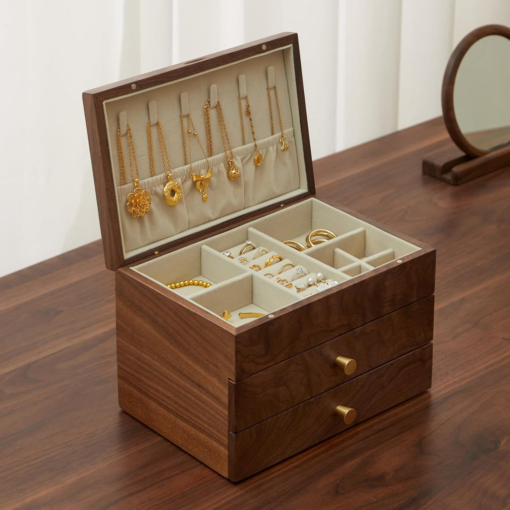 Black Walnut 3 Layer Wooden Jewelry Box Organizer