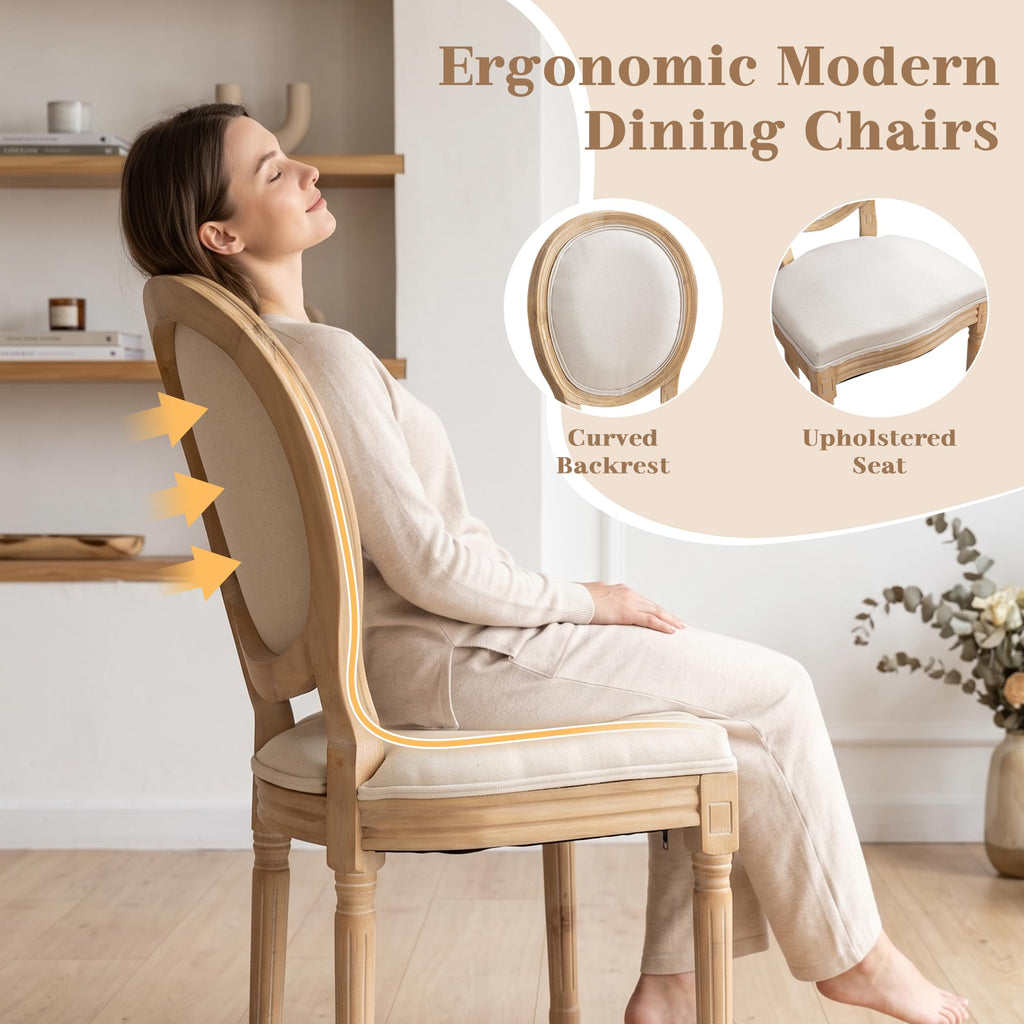 French Country Dining Chairs, Beige Linen, Set of 6