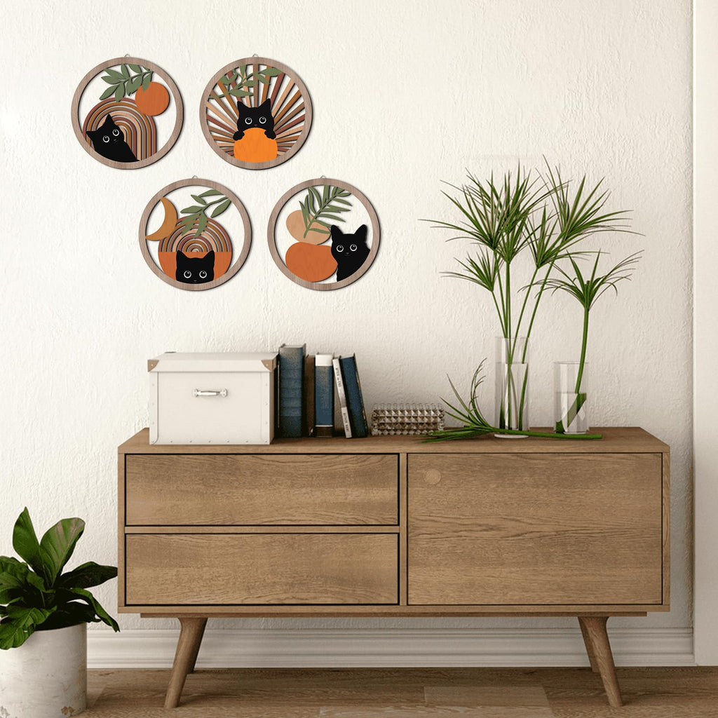 Boho Black Cat Wall Decor, Farmhouse Geometric Hanging Wooden Wall Art, 4 Pieces 10''x10'' Mid Century Bohemian