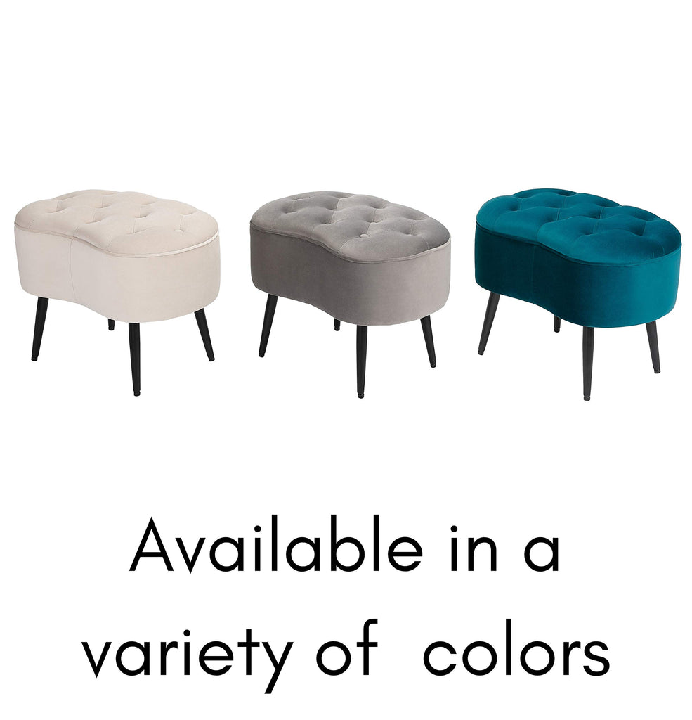 Tufted Oblong Velvet Ottoman - Mid Century Modern Upholstered Foot Rest with Steel Legs - Soft Padded Foot Stool