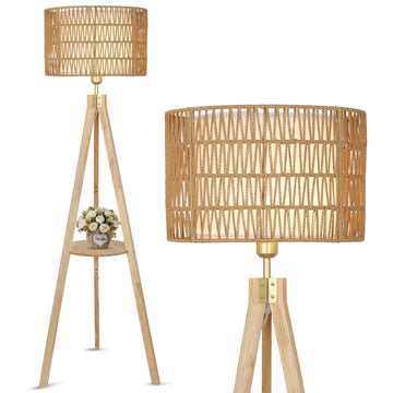 Oak Wood Tripod Floor Lamps, Boho Floor Lamp with Shelves, Mid Century Rattan Standing Lamp with Fabric Shade