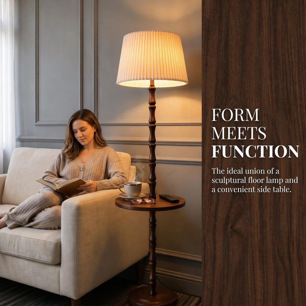 Real Wood Floor Lamp with Built-in Tray, Remote Control, Adjustable Brightness & 3 Color Temperatures, Dimmable