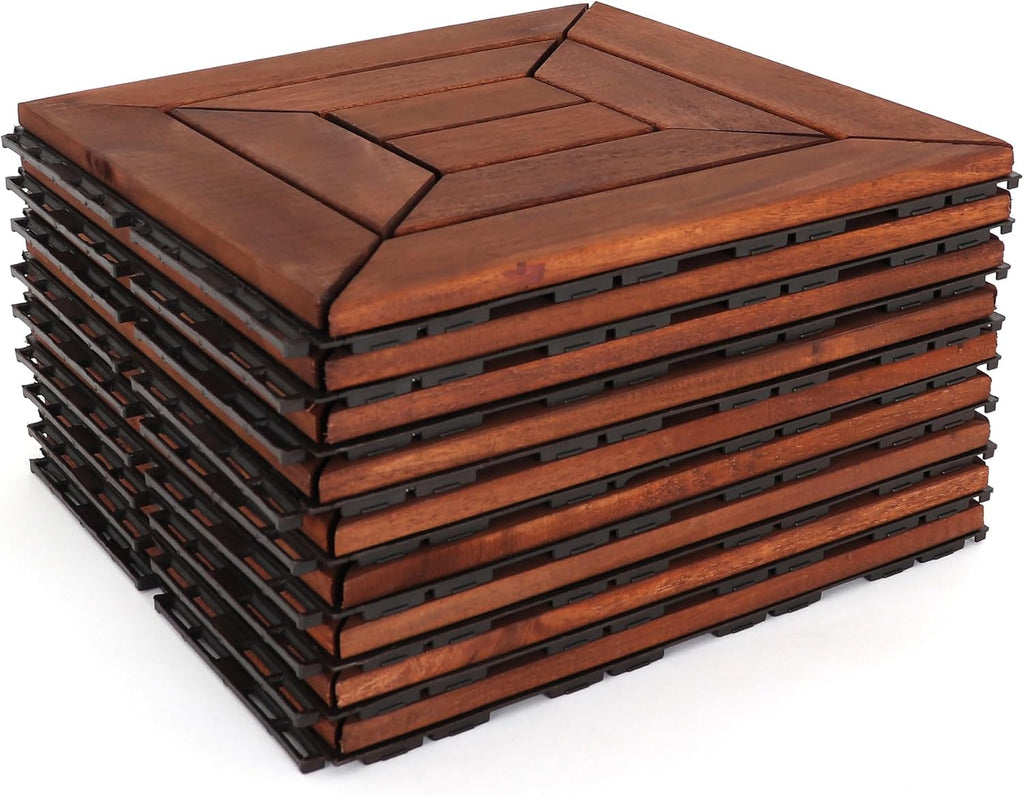 Deck Tiles - Patio Pavers - Acacia Wood Outdoor Flooring - Interlocking Patio Tiles - 12"x12" (10 Pack) - Oiled Acacia