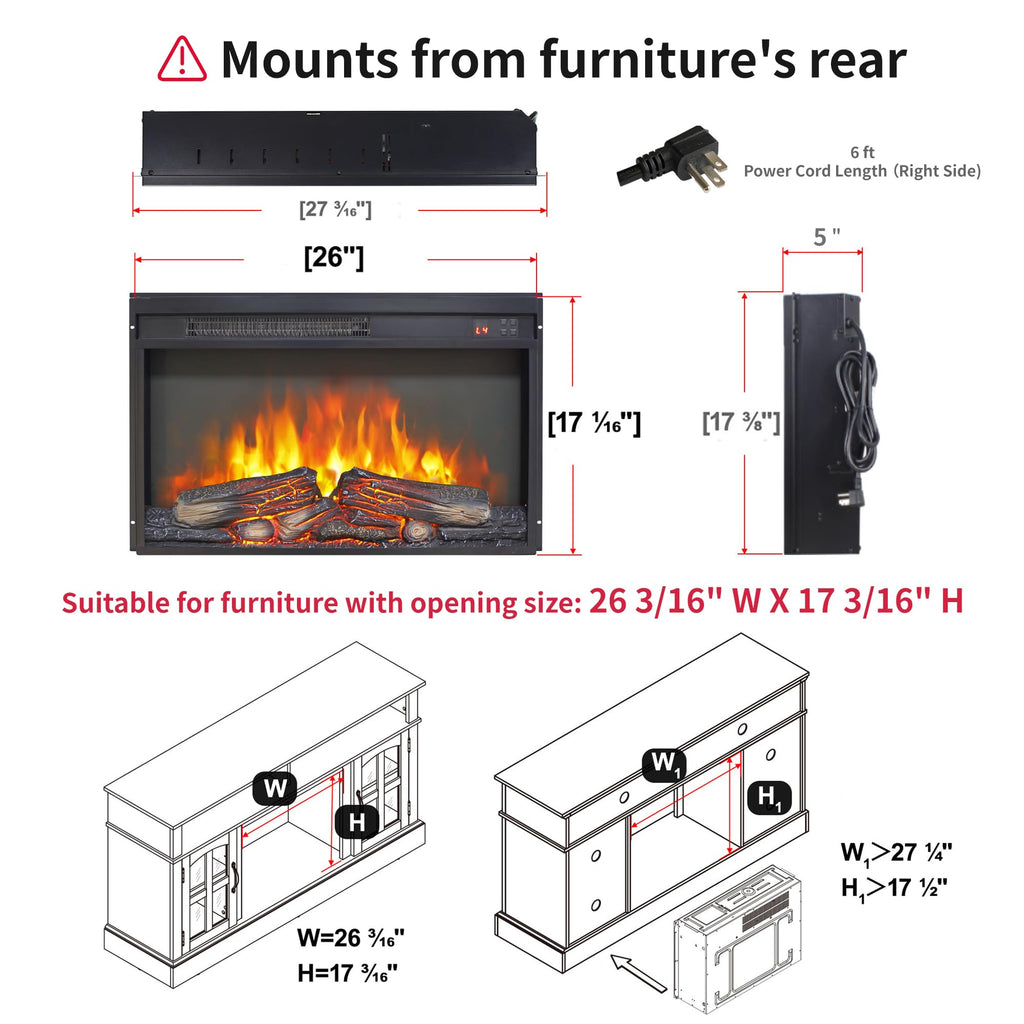 26" Electric Fireplace Insert, Realistic Flame & Logs, Fireplace Heater with Adjustable 4 Flame Brightness, Remote