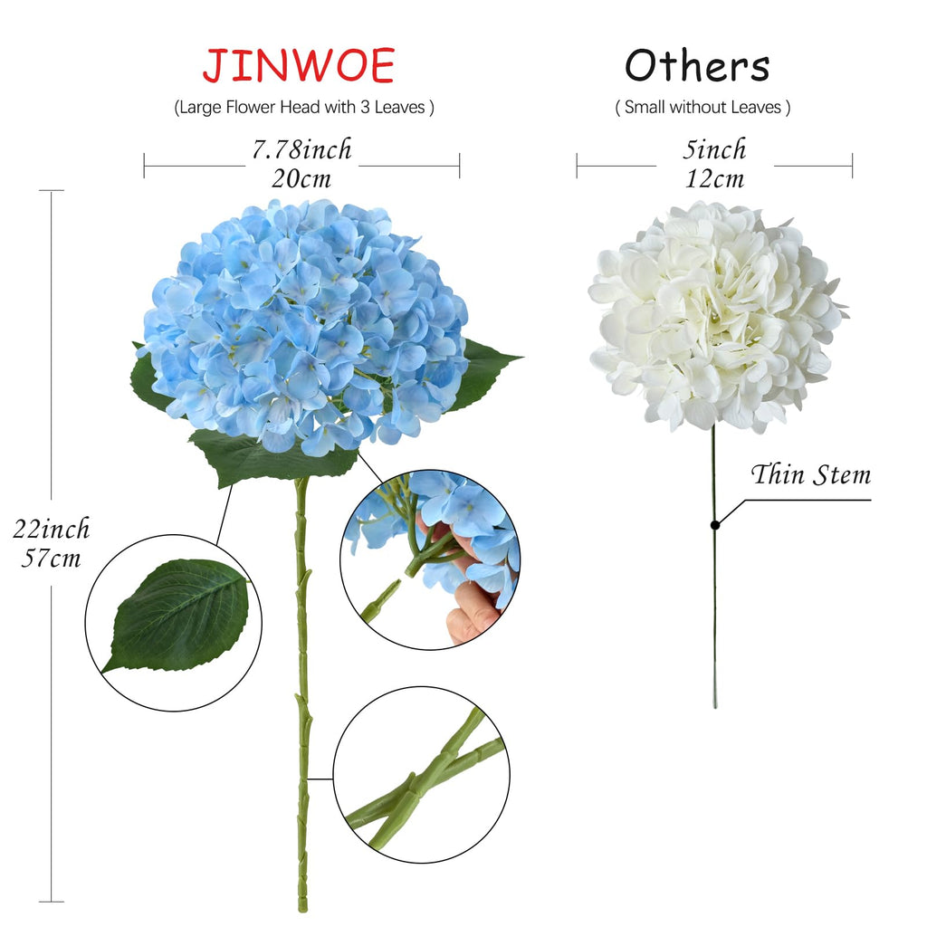 Boho Light Blue Fake Artificial, 4Pcs 22" Large Lifelike Silk Artificial Hydrangeas, Full Fake for Bouquet Table