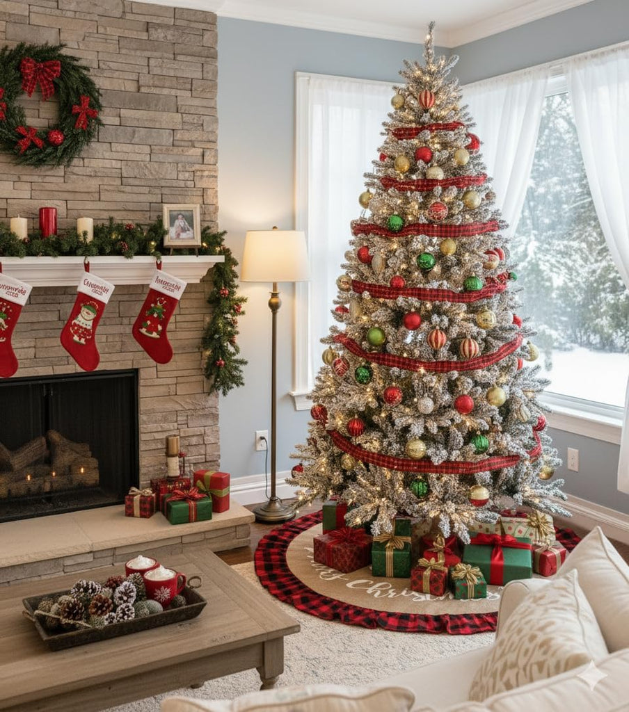 48 Inch Christmas Tree Skirt Linen Burlap Buffalo Plaid Edge Decoration for Merry Christmas Party Red and Black