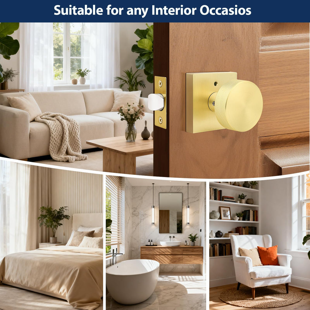 Gold Privacy Door Knobs Interior, Zinc Alloy Keyless Brushed Gold Door Knobs with Lock , Knurled Heavy Duty Brushed