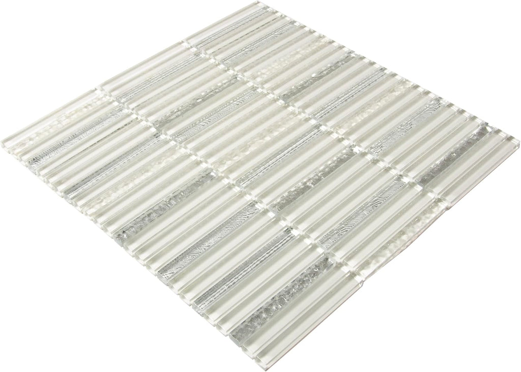 Striped Linear Glass Tile White & Silver 11.8x11.8 4.83 sq ft 5-Pack | Mesh-backed sheets. Kitchen backsplash
