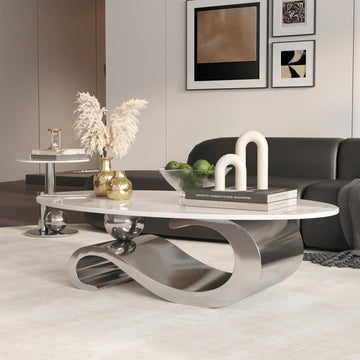 52" Oval Marble Coffee Table, Modern Stainless Steel Silver Metal Base, Scratch-Resistant Accent Table, Luxury