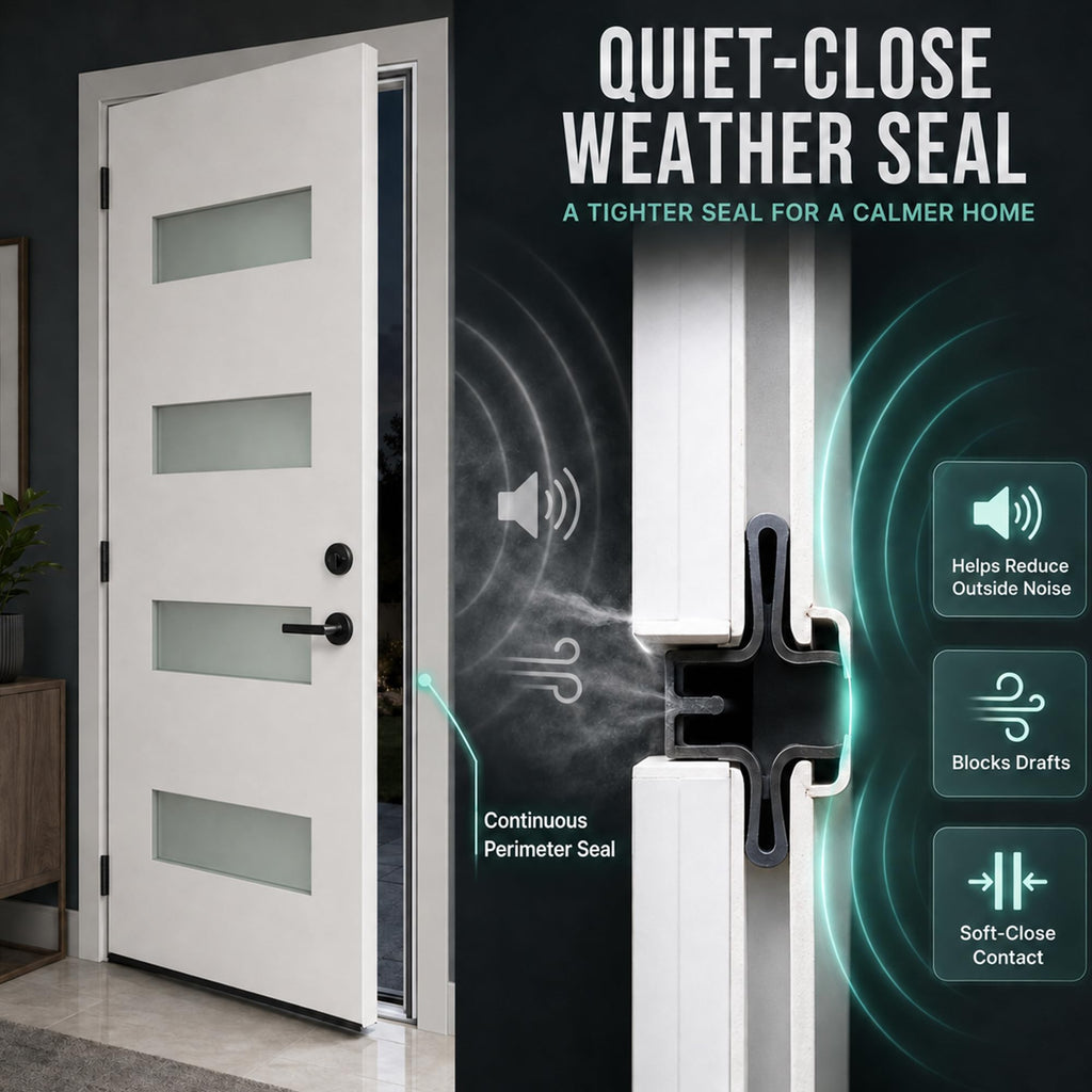 36 x 80 White Fiberglass Front Entry Door, Woodgrain Texture, 4-Lite Frosted Low-E Glass, 4-9/16" Vinyl Frame &