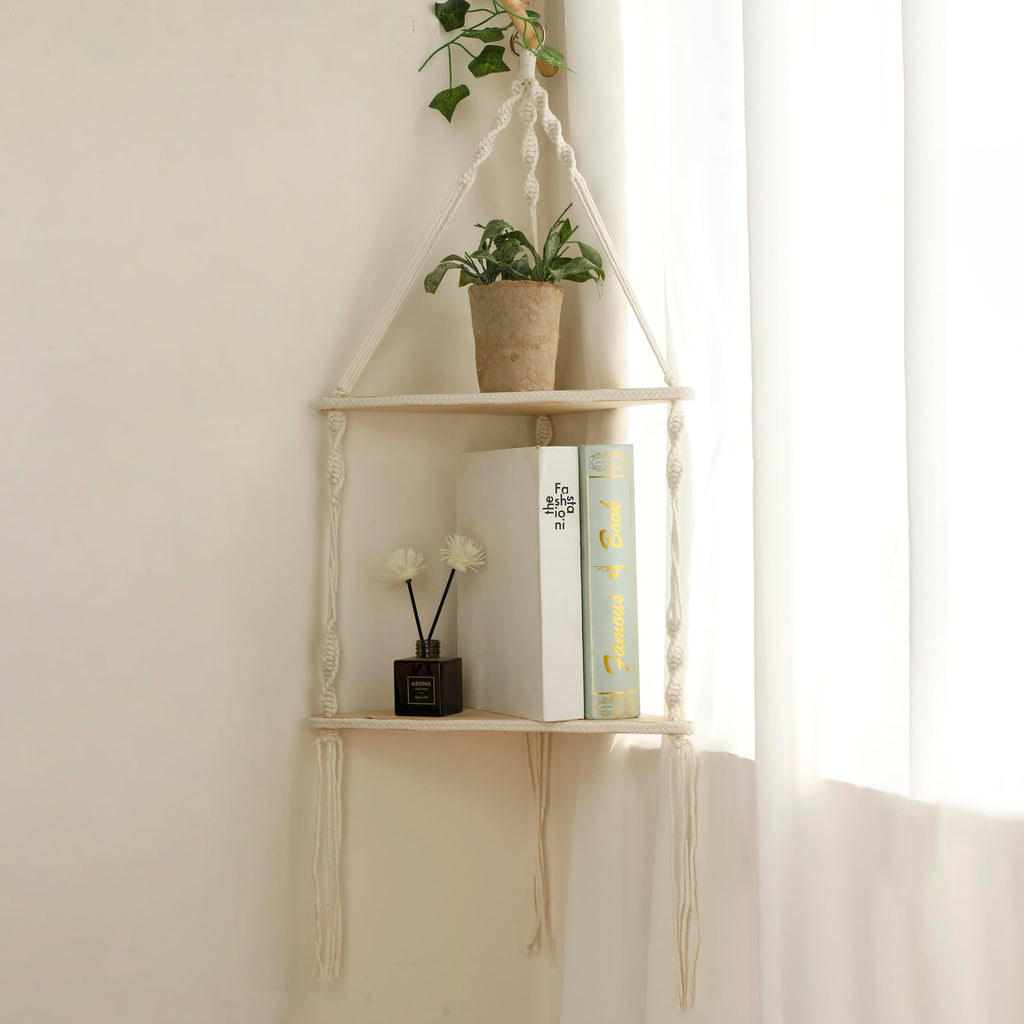 Corner Shelf Macrame Wall Hanging, Boho Wood Storage Wall Decor