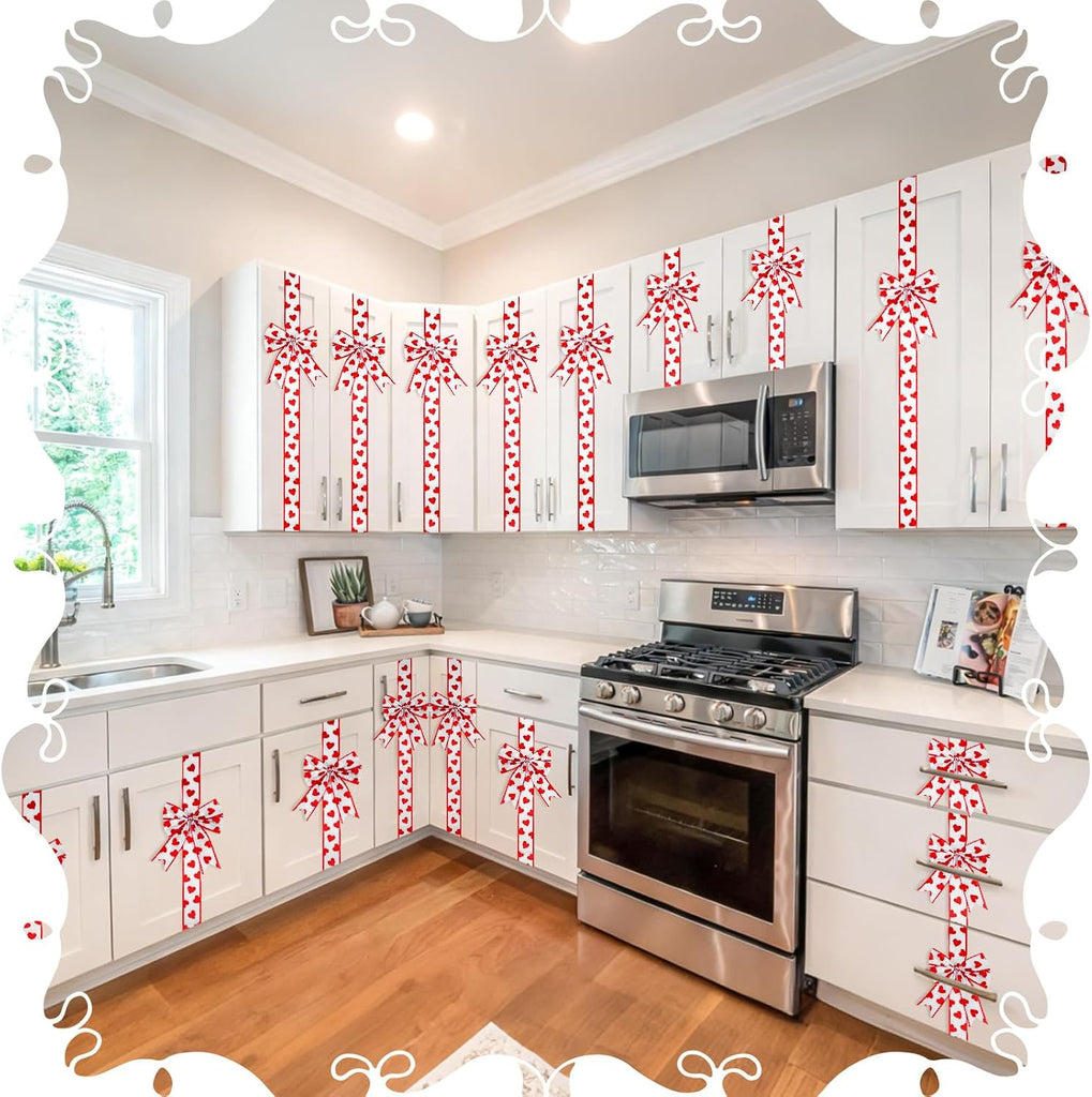 Valentine's Day Cabinet Ribbons Bows 78.8 Inch Large Red and White Heart Door Ribbon Cabinet Bows Gifts Holiday - Set of 8