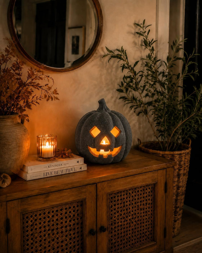 Halloween Decorations - Fall Decor - Black Handmade Terracotta Pumpkin Jack O' Lantern with Flameless Candle - Cute