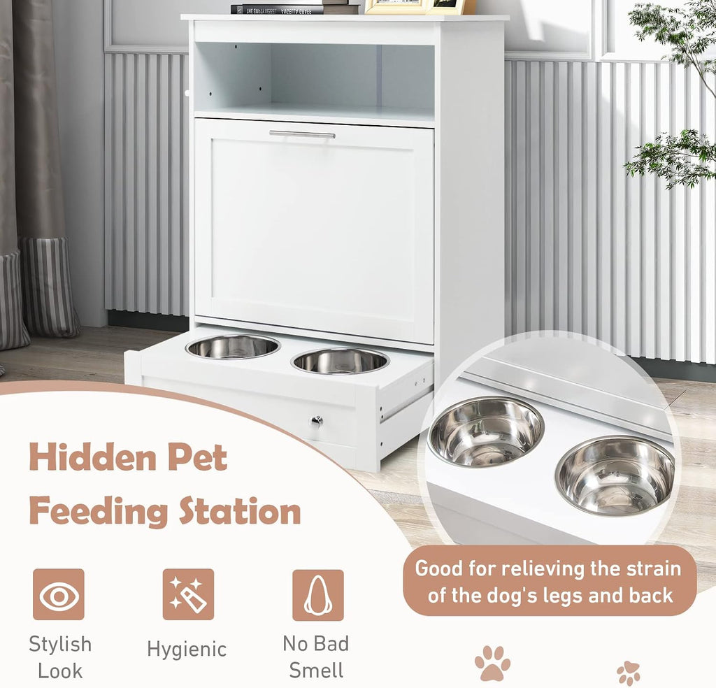 Dog Feeding Station Dogs Food Storage Cabinet Pet Feeder Container with 2 Thick 50oz Stainless Steel Raised Dog Food