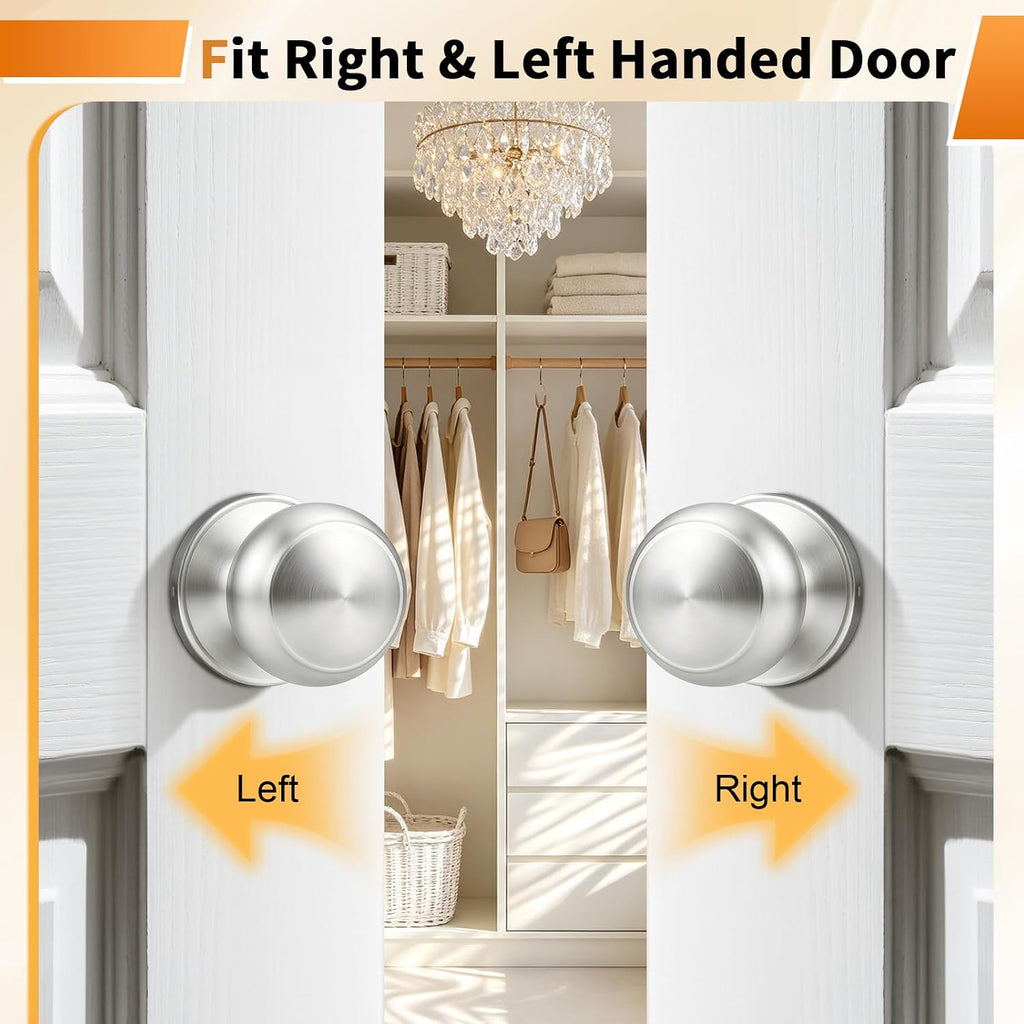 Brushed Nickel Door Knob, Passage Door Knobs for Closet and Hallway, Keyless Interior Door Knob, 6 Pack