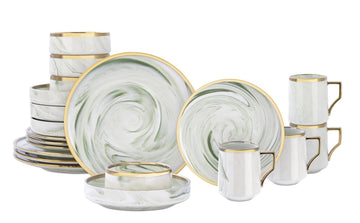 Fine China Artisan Marbled 20pc Dinner Set, Green with Gold Line