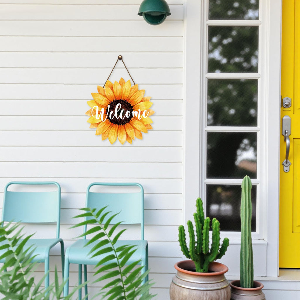 Sunflower Welcome Door Sign for Front Door Spring Summer Sunflower Hanging Wreath 10.9"x10.9" Vintage Gallery Wood