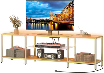 TV Stand with LED Lights and Power Outlets for TVs up to 75", Modern 70.9 Inch Tempered Glass TV Console Table with