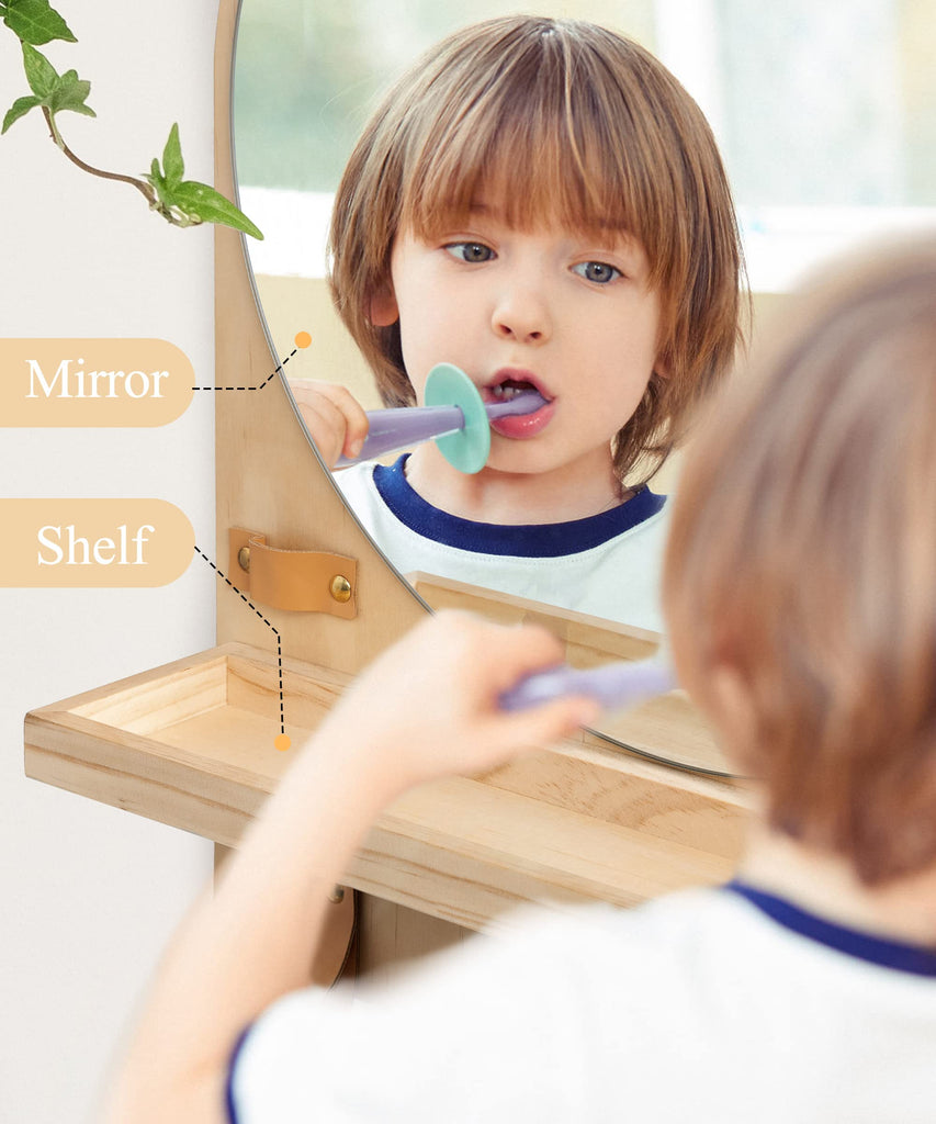 Nursery Wall Shelf with Mirror, Natural Wood Boho Arch Design