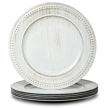 13" Vintage Charger Plates, Beaded Chargers for Dinner Plates Set of 6, Charger Plates Bulk Wedding, White
