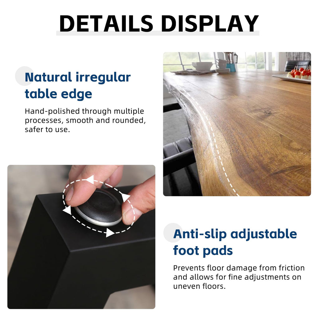Industrial Solid Wood Dining Table, 2" Solid Wood Top, Live Edge Style Kitchen Table for 4-8 People, Farmhouse Dining