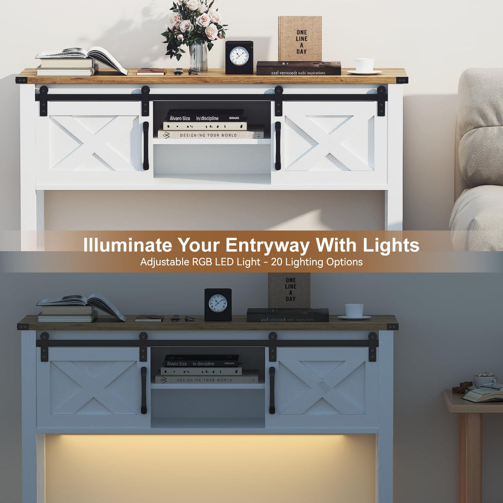 Farmhouse Entryway Table with LED Light, Sofa Table with Sliding Barn Door, Adjustable Open Shelves, 46" Rustic