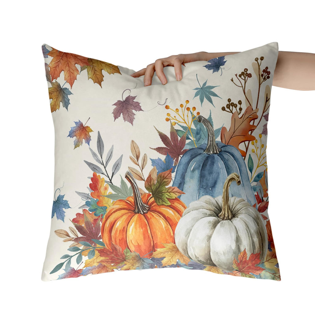 Fall Blue Orange Pumpkin Pillow Covers 20x20 Set of 2 Autumn Maple Leaves Outdoor Pillow Cases Thanksgiving Harvest