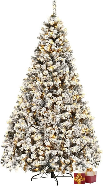 Pre-lit Snow Flocked Artificial Christmas Tree w/ 1498 PVC Branch Tips, Pre-Strung 550 Warm White Led Lights