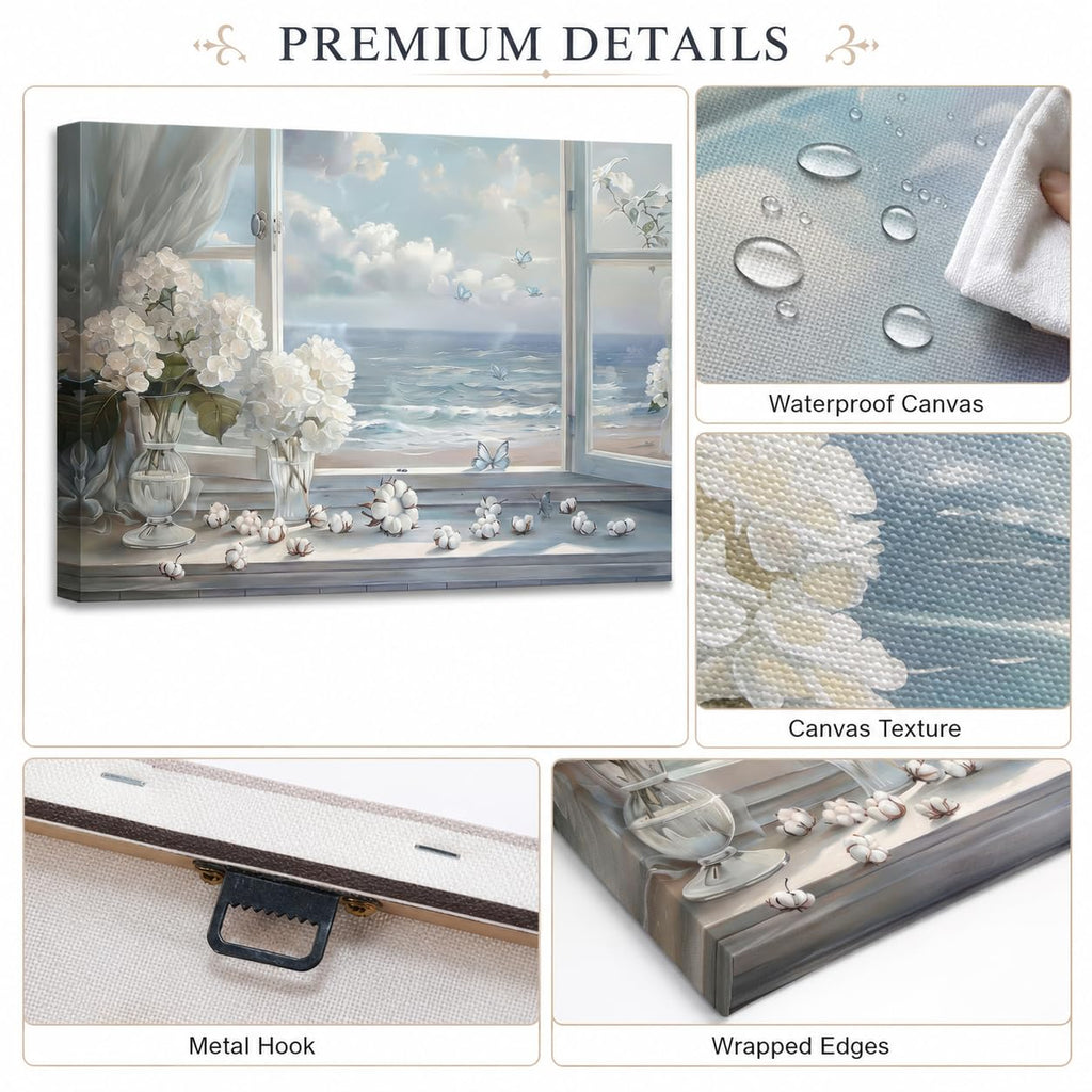 White Hydrangea & Coastal Window View Wall Art - Serene Ocean Landscape Canvas Print Decor