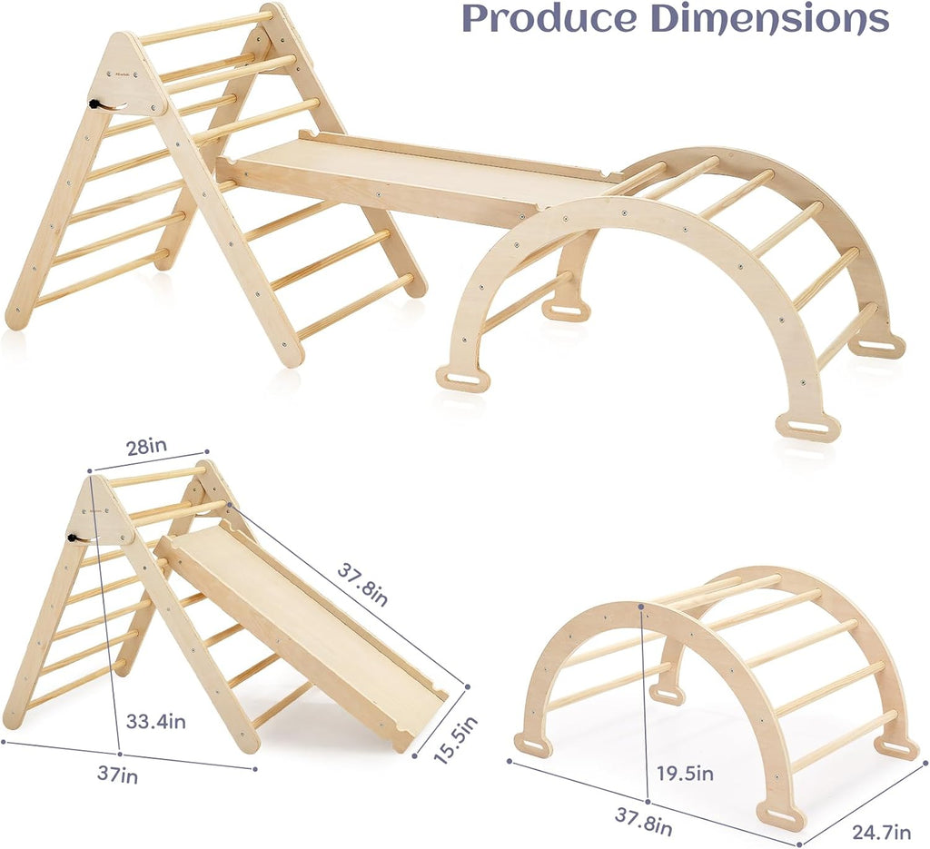 Extra‐Large Montessori Wooden Climbing Triangle Set-Foldable Toddler Gym Triangle, Climbing Ramp & Arch, Indoor