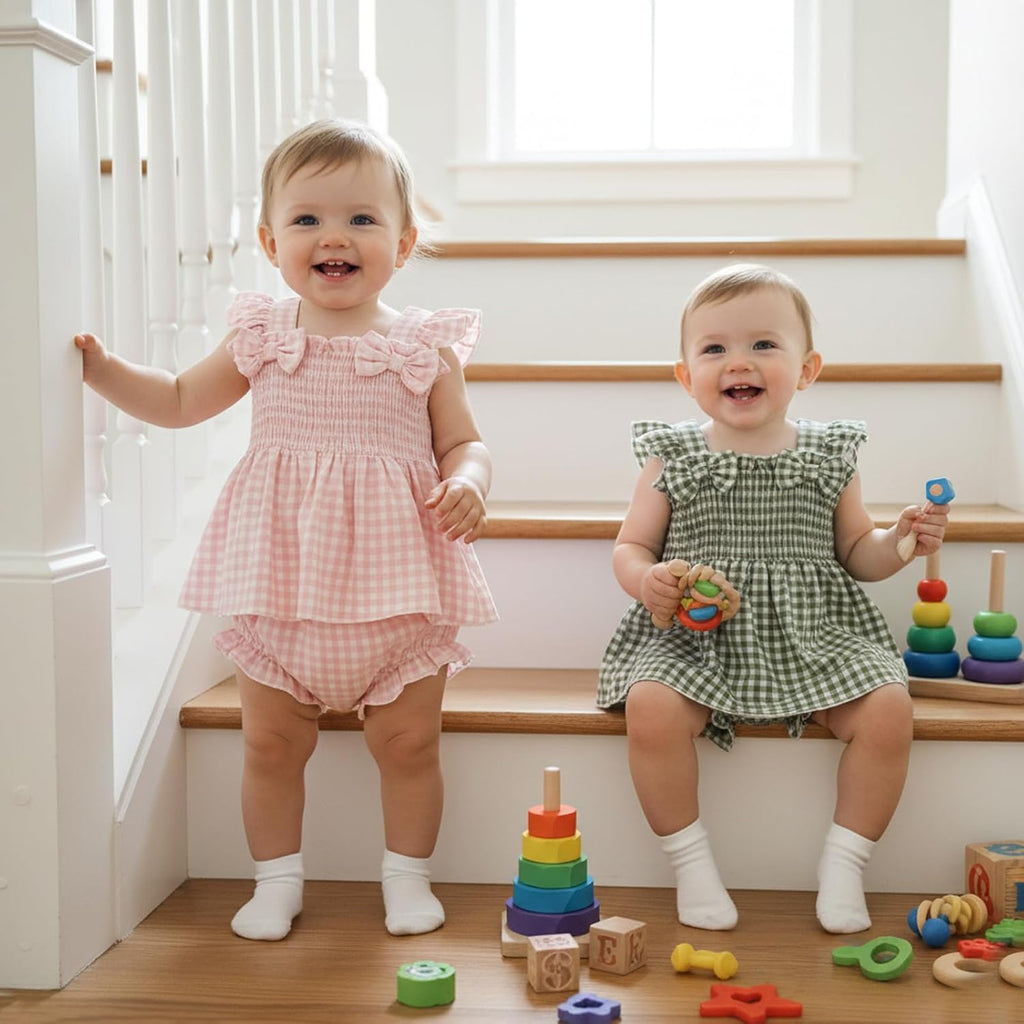 Baby Girl Clothes Infant Summer Outfits Set Plaid Ruffle Sleeve Shirt Tops and Bloomers Shorts