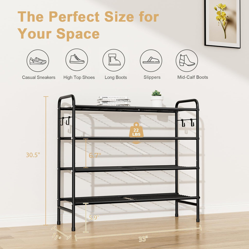 4-Tier Shoe Rack 33" Wide Metal Shoe Organizer Long Shoe Storage with 4 Side Hooks Sturdy Shoes Shelf for Closet