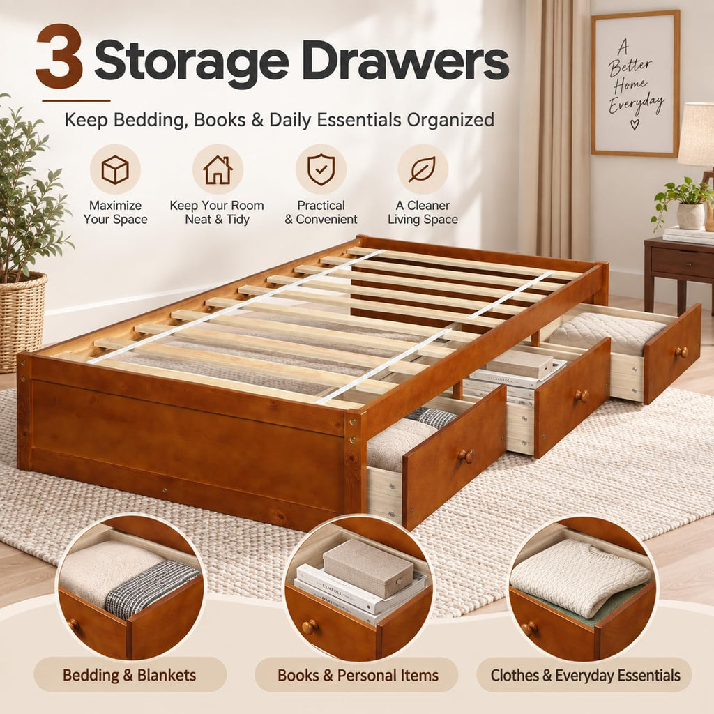 Twin Size Japanese Wood Bed Frame with 3 Storage Drawers (Oak)