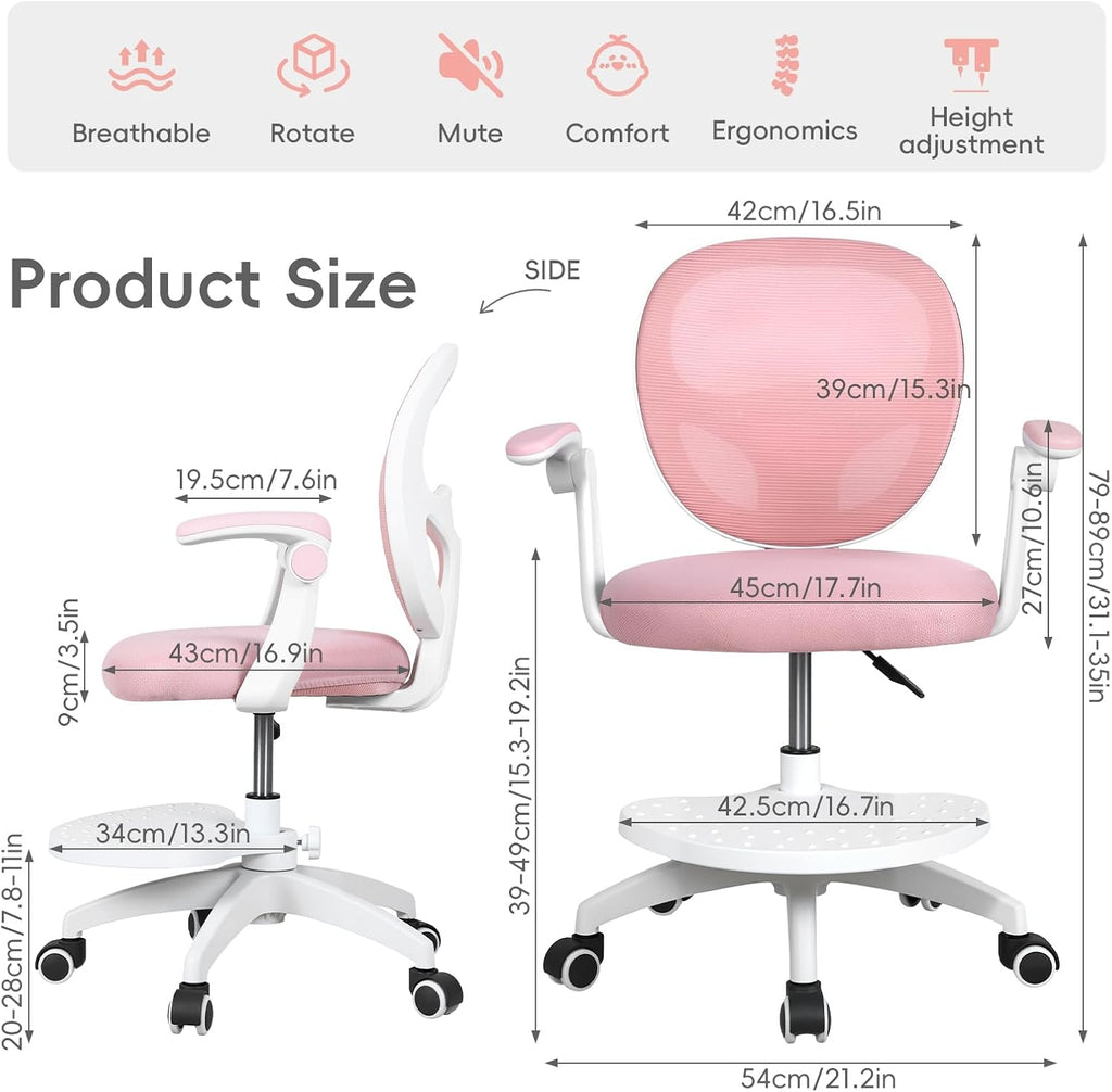 Kids Desk Chair with Adjustable Footrest and Flip Arms for Study