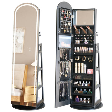 Arched Rotating Jewelry Cabinet with LED Lighted Full Length Mirror & Built-in LED Vanity Mirror, Lockable Standing
