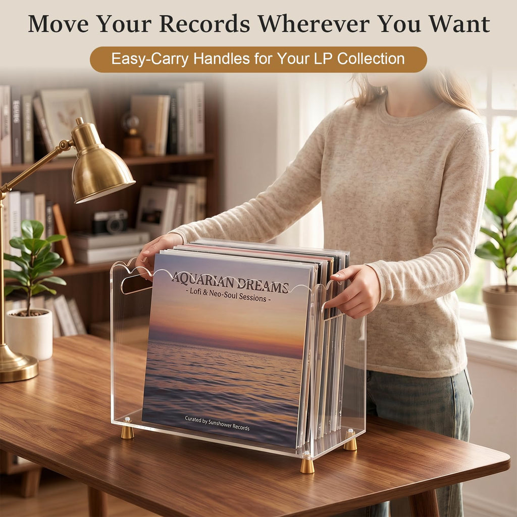 Acrylic Vinyl Record Holder, Vinyl Record Storage with Luxe Gold Metal Feet and Scalloped Edge Design, Portable