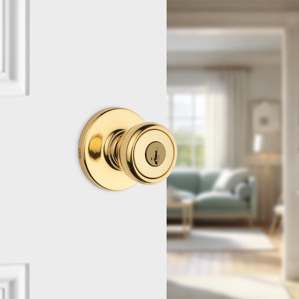 Tylo Entry Door Knob with Lock and Key, Secure Keyed Handle Exterior, Front Entrance and Bedroom, Polished Brass
