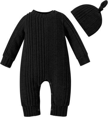 Baby Girl Ribbed Romper Hat Set Long Sleeve Infant Fall Outfit